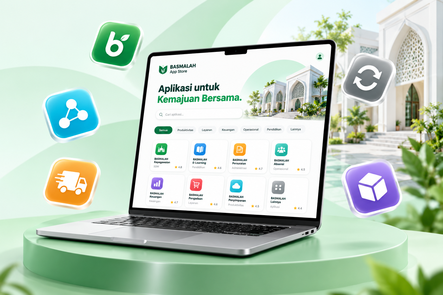 Laptop dengan BASMALAH App Store dan ikon aplikasi internal
